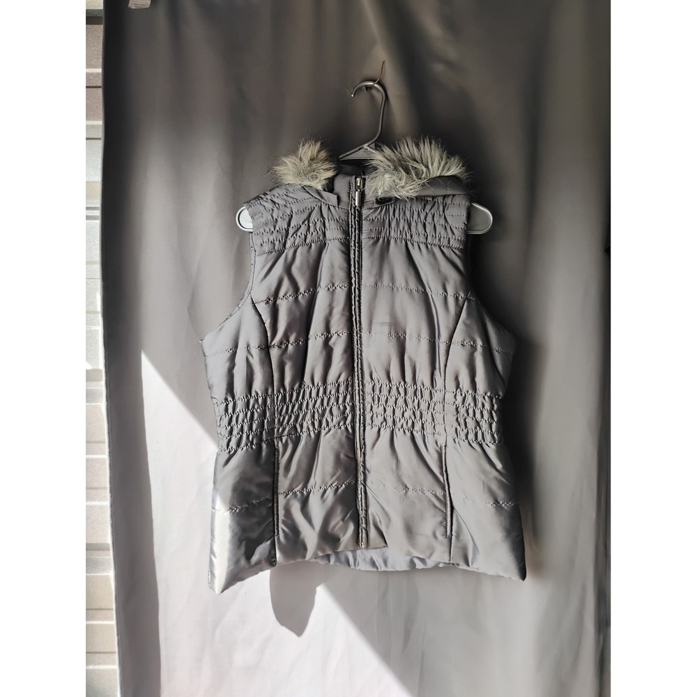 New Directions Gray Quilted Puffer Vest Hooded Faux Fur Trim Cinched Waist Large
